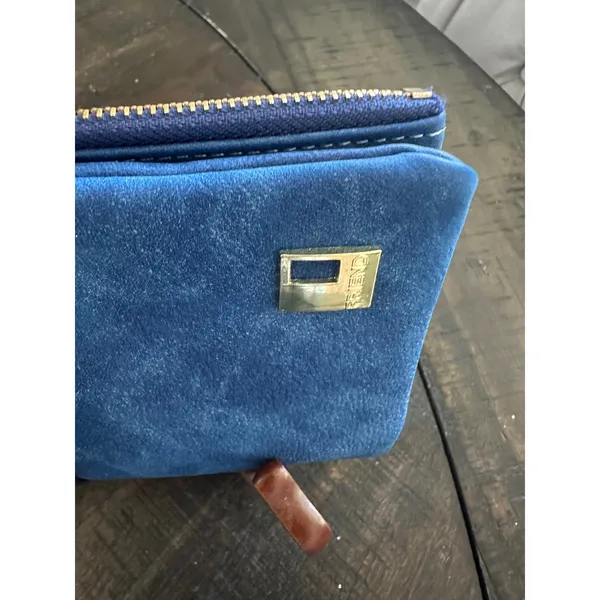 Friend Blue Faux Suede Long Bifold Wallet Gold Tone Hardware Zipper Pocket - Image 3