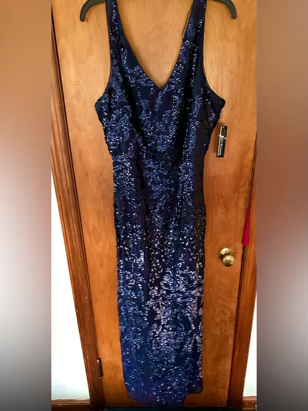 R&M Richards Navy Sequin V-Neck Evening Gown Maxi dress NWT Size 16 wedding - Image 4