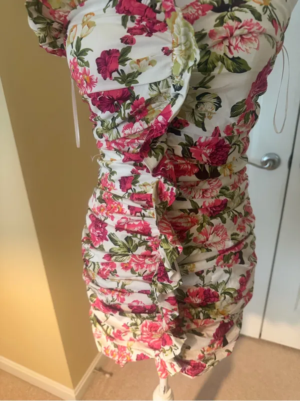 Floral Strapless Ruffle Mini Dress in White, Pink & Green - Image 5