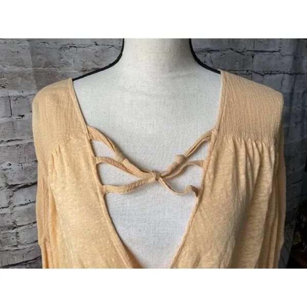 Free People Womens Shirt Sz S‎ Double Knot Peach Crop Top 3/4 Sleeve Open Front - Image 4