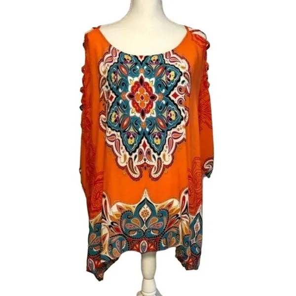 Melissa Paige Blouse Womens L Used Orange Blue - Image 3