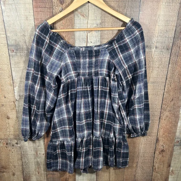 Universal Thread Plaid Peasant Mini Dress Cottagecore Prairie Blue Small Boho - Image 6