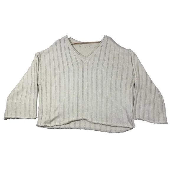Rolled Hem Sweater Cream V-Neck‎ Wide Ribbed Casual Boho Office Neutral Plus 3XL - Image 4