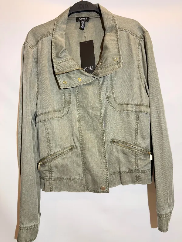 NWT Jones New York Olive Green Cotton Zip Pocket Moto Utility Jacket Size M - Image 2
