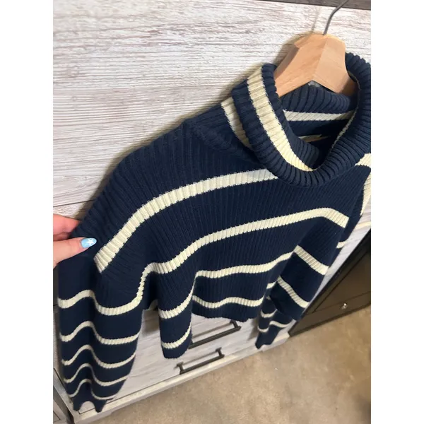 Altar'd State Womens Navy Blue Cream Striped Ribbed Cropped Turtleneck Sweater L - Image 4