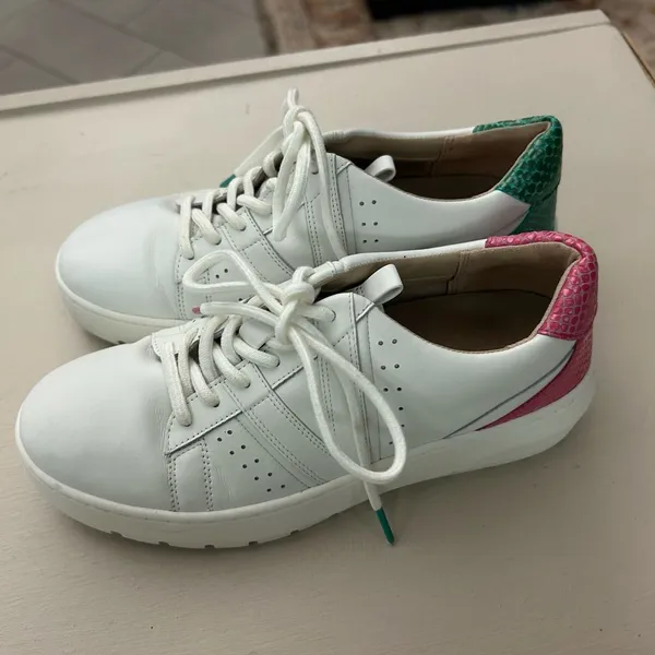 Sneakers White Leather Women's Sneakers with Green Heel Accent 6 by Vionic - Image 3
