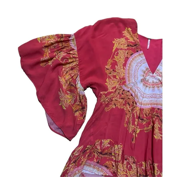 Free People Sunset Dreams printed flare sleeve blouse sz Small red‎ - Image 14