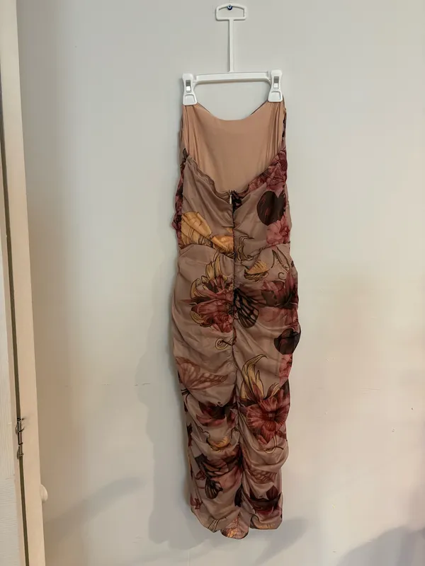 Floral Mesh Strapless Ruched Bodycon Midi Dress - Size XS - Image 4