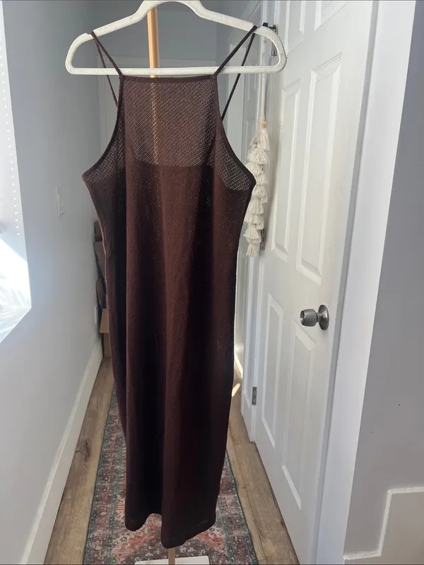 ZARA Mesh Open Knit Brown Cover Up Sheer Midi Dress Brown Large - Image 3