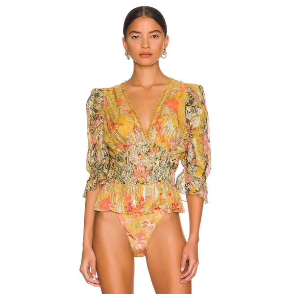 HEMANT AND NANDITA Nova Bodysuit in Mustard Multi X-Small New Womens Blouse Top - Image 3
