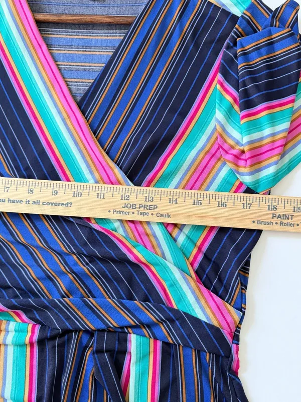 Chaus Women Striped Faux Wrap Midi Dress Large Multi Color Retro Preppy Top - Image 14
