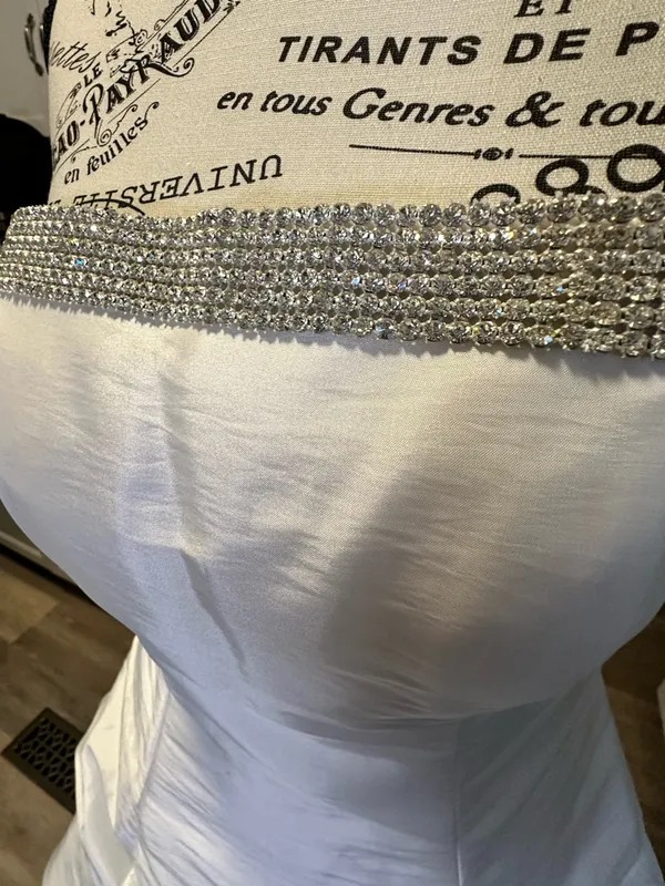 Ivory Satin Strapless Wedding Gown with Rhinestone Brooch - Image 2
