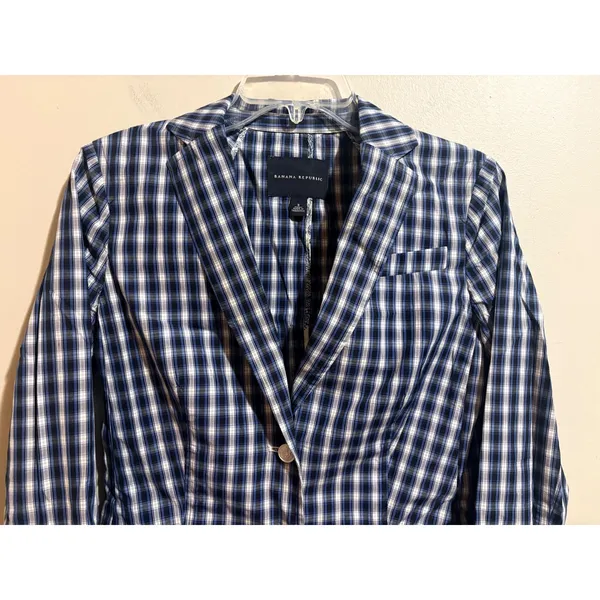 Banana Republic Plaid Blazer Women Small Navy Blue Excellent Cotton Shirt Jacket - Image 6