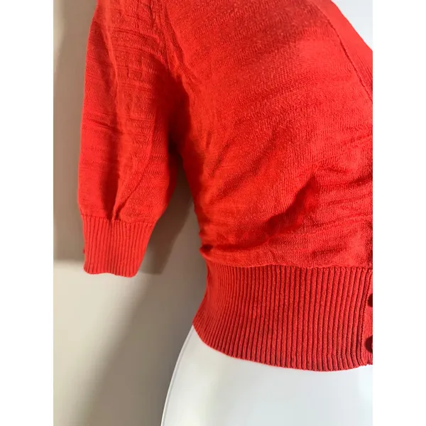 Banana Republic Womens M Coral Red Cotton Cropped‎ Short Sleeve Cardigan Sweater - Image 4