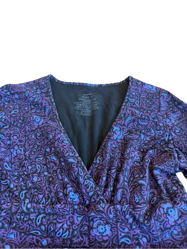 Patagonia Purple Blue Paisley Floral Dress Long Sleeve V Neck Fit Medium Women's - Image 2