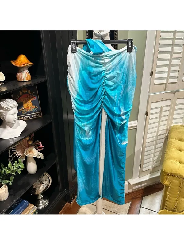 Farai London Blue Ombre Ruched Mesh Maxi Skirt Size Large - Image 4