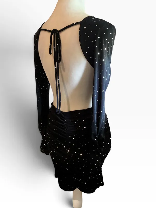 Black Backless Sparkle Ruched Long-Sleeve Mini Dress Brand New - Image 5