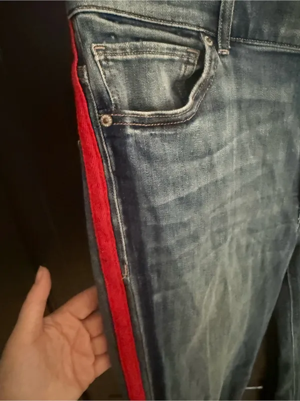Express Dark Blue Skinny Jeans with Red Side Stripe - Image 2