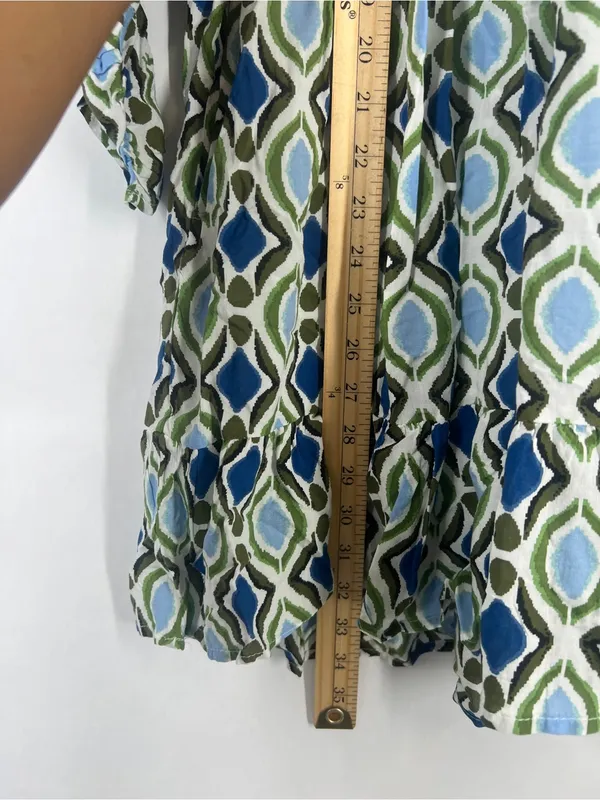 Anthropologie Navy and Cream Geometric Ruffle Mini Dress - Image 13
