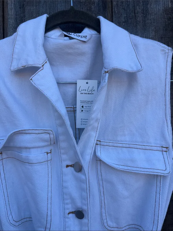 Cupshe White Sleeveless Collared Utility Denim Romper with Waist Tie Size Small - Image 7