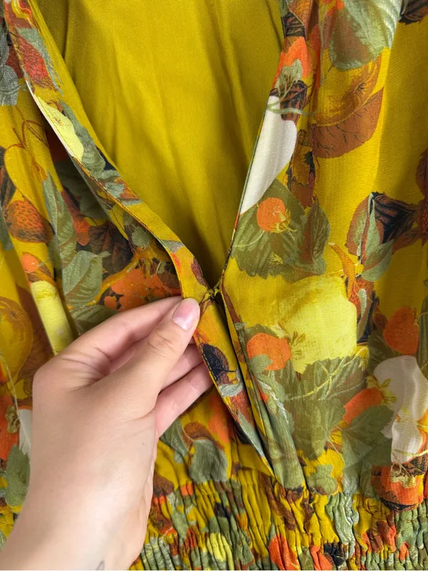 Anthropologie Yellow Fruit Print Smocked Waist Tiered Dress, Size XL - Image 8