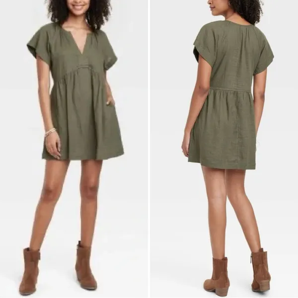 Universal Threads Linen Blend Olive Green Short Sleeves Shift Dress, Sz Large - Image 2