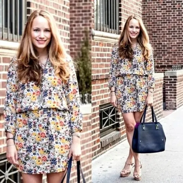 QMack Yellow Floral Print‎ V Neck Elastic Waist Blouson Mini Dress Size XS - Image 2