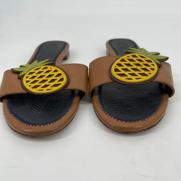 Tory Burch Brown Leather Pineapple Slide Sandals Size 5.5 Tropical Resort Luxury - Image 6