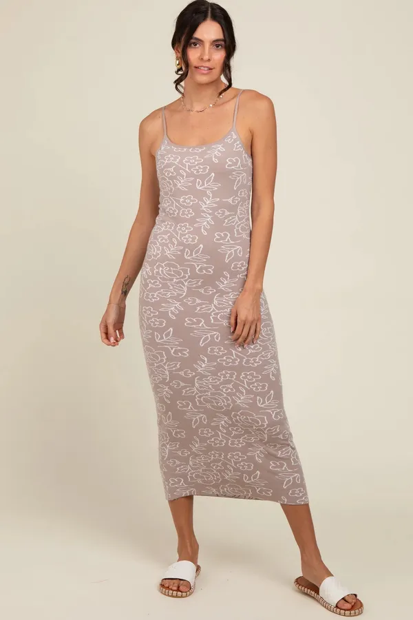 PinkBlush Beige Floral Knit Fitted Maternity Midi Dress - Image 2