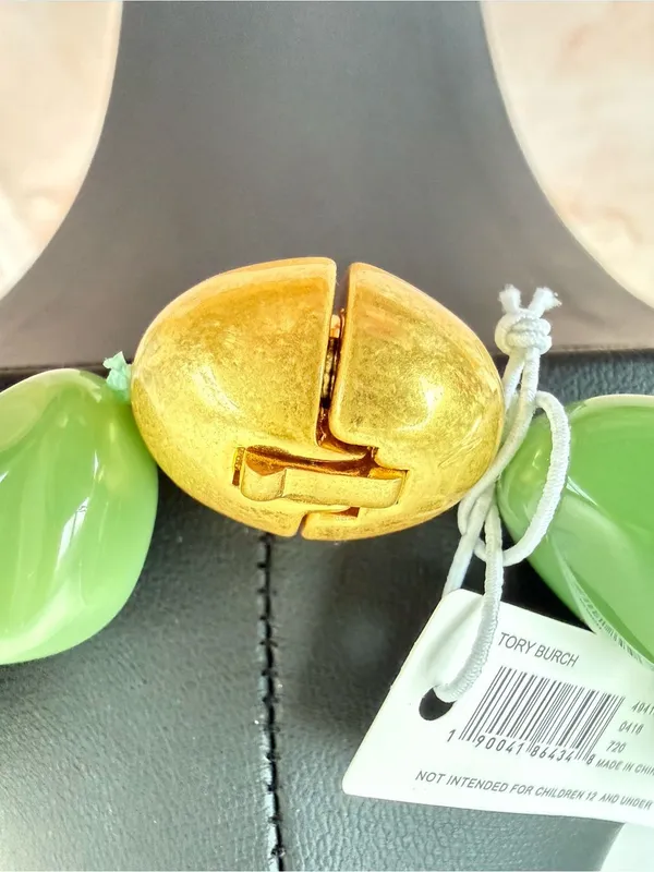 Tory Burch | Gold Plated Icon Pendant Necklace w/Green Beads | Magnetic Closure - Image 6