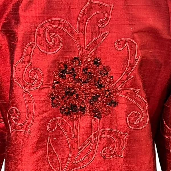 Vintage Anage Red Silk Beaded Sequins Kimono Jacket Sz S Artsy Boho Embroidered - Image 5