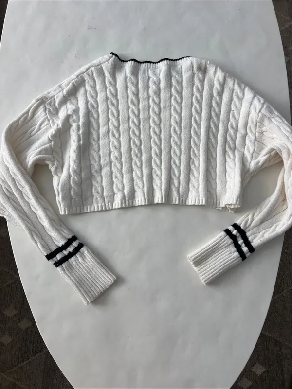 EDIKTED Cropped Cable Knit Ivory Stripe Contrast Sweater Preppy Academia Small - Image 4