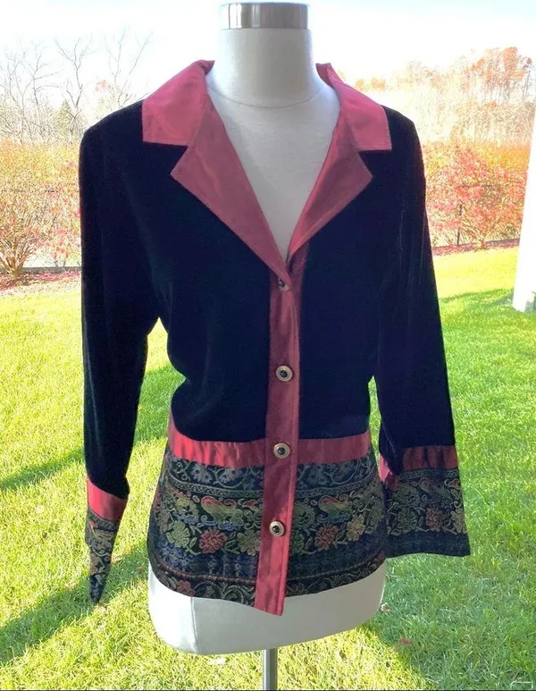 Coldwater Creek Small Jacket Velvet Button Front Black Wine Tapestry Holiday - Image 5