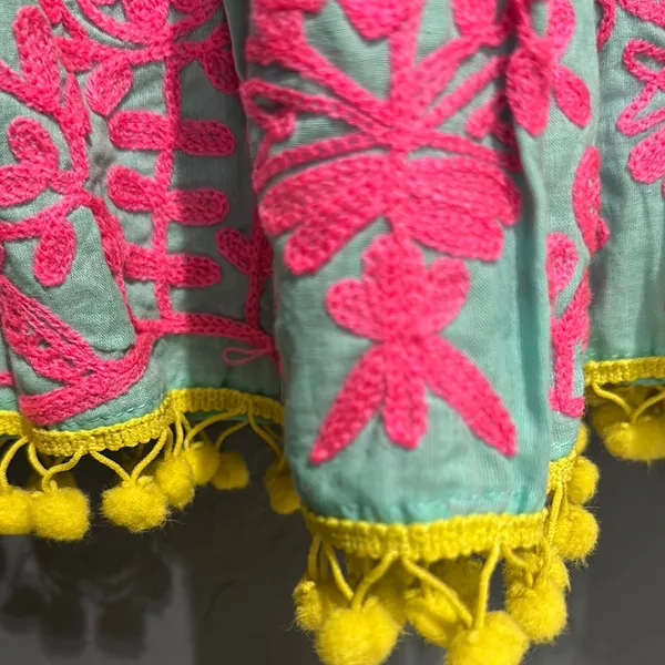 Boutique Aqua Off-Shoulder Dress coverup with Pink Embroidery - Image 5
