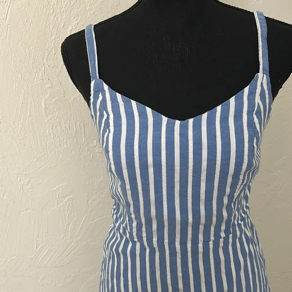 Old Navy Blue and White Striped Ruffled Hem European Sundress W/ Smocked Back - Image 3