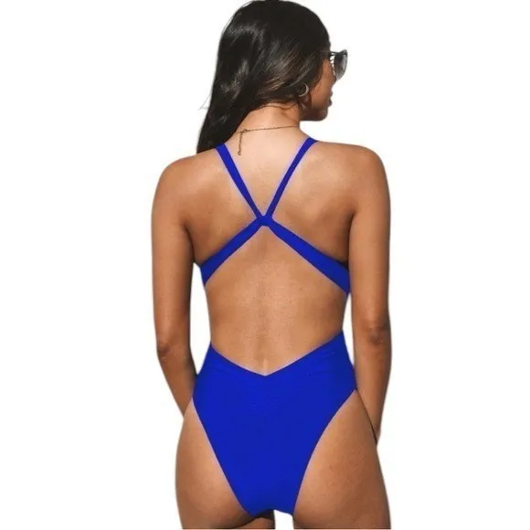 NEW Cupshe Plunge Neck High Leg One Piece Swimsuit Tropical Resort Coastal S - Image 4