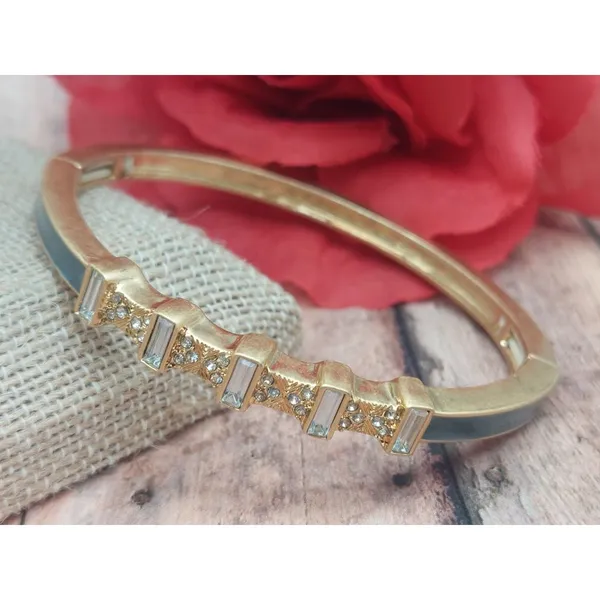 Lia Sophia Gray Enamel Gold Tone Stretchable Bangle Bracelet Baguette Crystals - Image 4