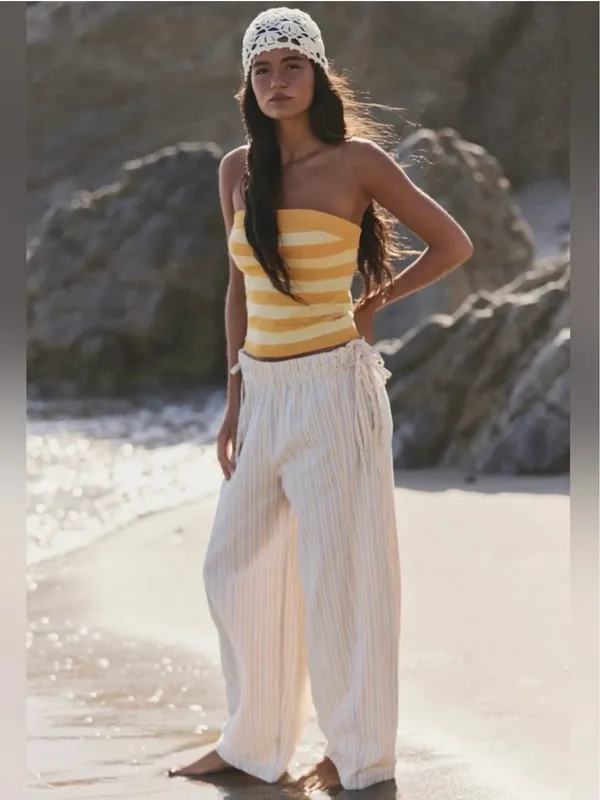 Free People Sun Dazed Cotton-Linen Striped Pants in Ivory Combo L - Image 3