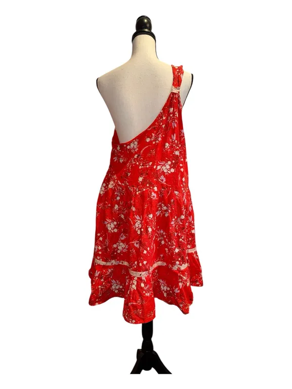 Free People All Mine Mini Red White Strapless Printed Dress one shoulder zip L - Image 6