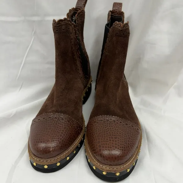 Free People $158 Women's Brown Suede Leather Western Chelsea Scalloped Boot EU38 - Image 5