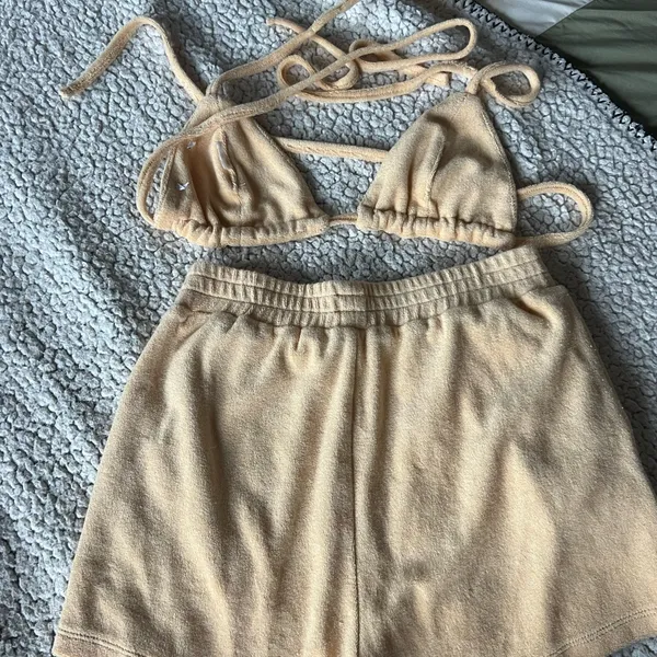 Chic Beige Knit Bikini Top and Shorts Set Tan - Image 3