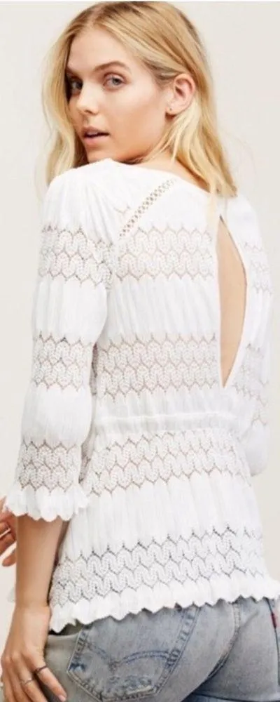 Free People Fire Island Blouse Crochet 3/4 Sleeve White Small Festival Boho Chic - Image 2