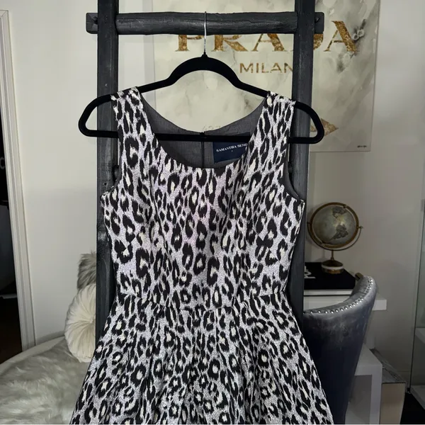 Samantha Sung Silk Leopard Fit And Flare Dress Womens 2 Silver Black Ivory Work - Image 7