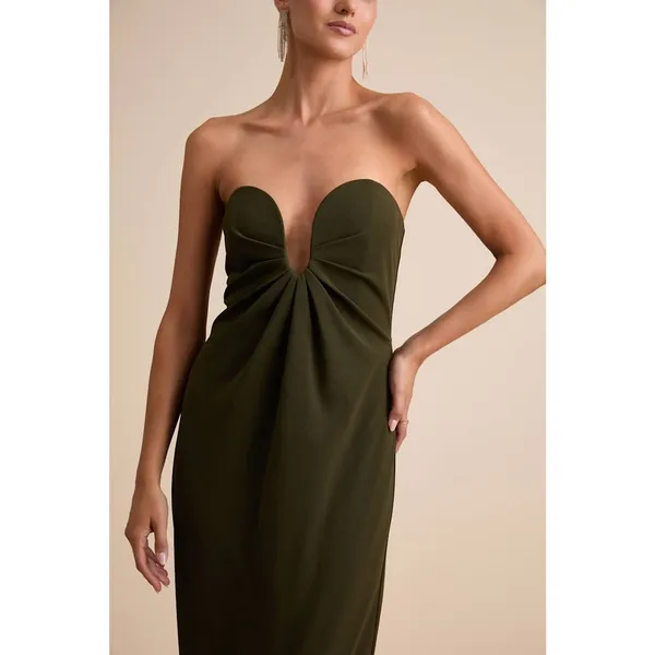 NWT Lulus Thula Dark Olive Cutout U-Bar Column Maxi Dress Strapless Gala Size L - Image 9