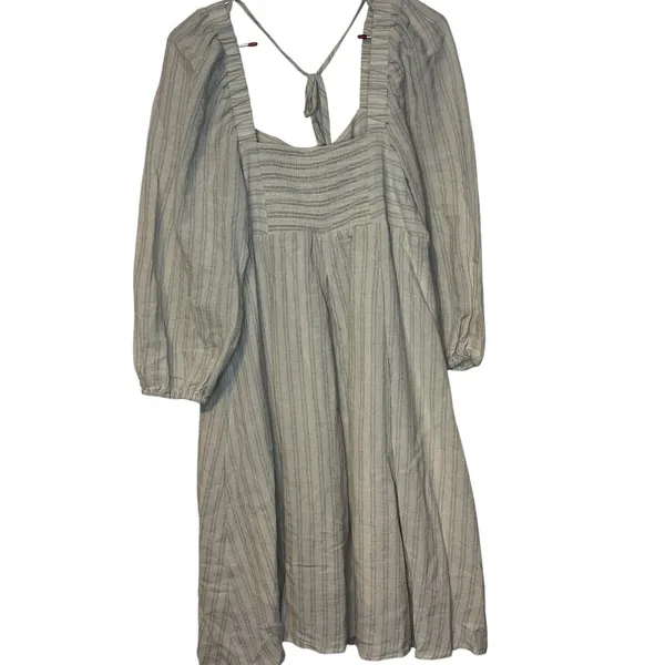 Mystree Womens Smocked Midi Dress Lined Striped Puff Sleeve Oatmeal Small NWT - Image 10