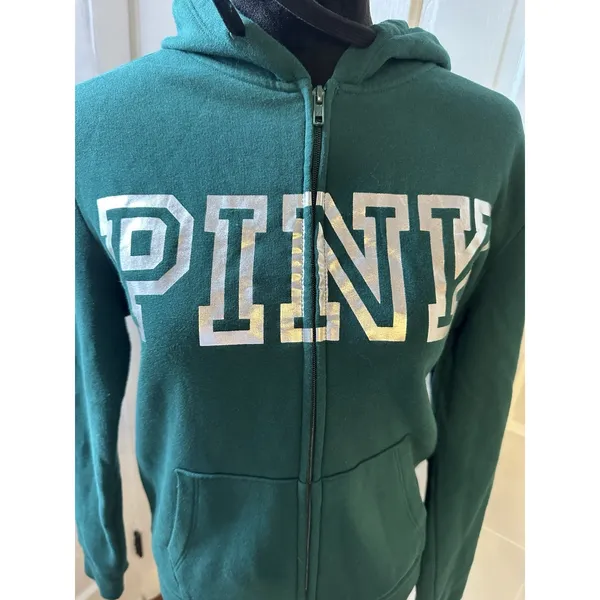 PINK Victoria’s Secret Green Zip Hoodie Silver Spellout Graphic Y2K Style Size M - Image 3