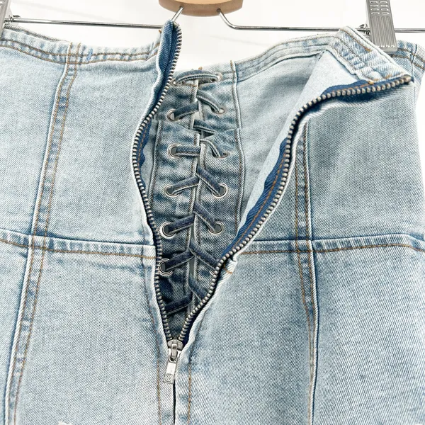 Forever 21 Womens Y2K Lace Up Raw Hem Denim Corset Tube Top Size‎ S Medium Wash - Image 7