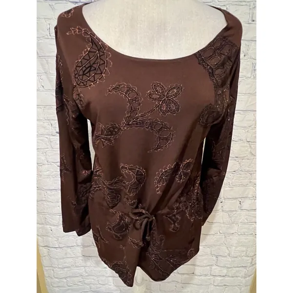 Elementz Brown Tie Waist Long Sleeve Brown Top Textured Stretch Size Large - Image 2