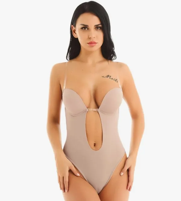 Women's U Plunge Clear Straps Bridal Shapewear Body Shaper Backless Bodysuit - Image 2