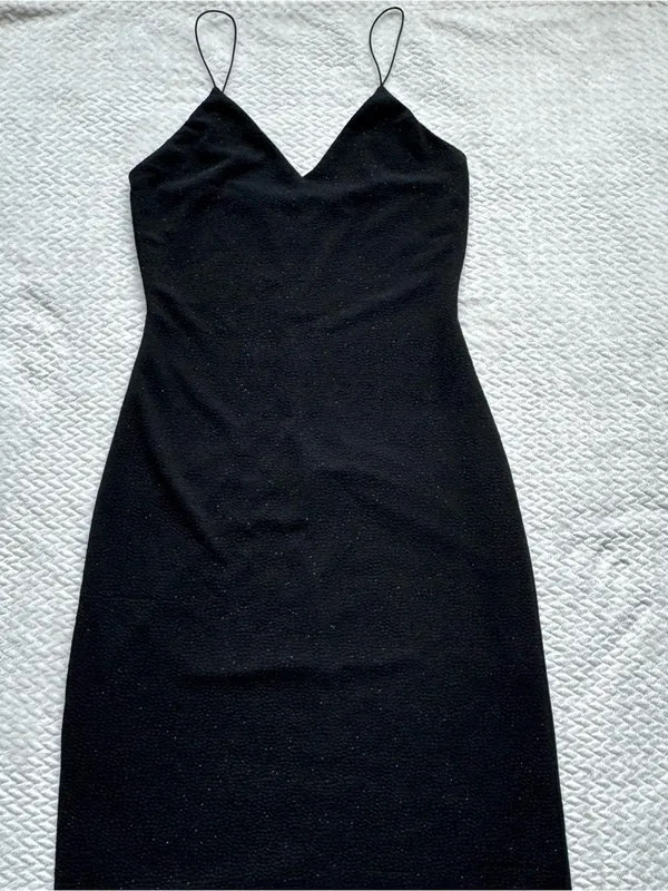 Alice + Olivia Stila Midi Dress 8 Black LBD Side Slit Sparkle Minimalist Party - Image 5
